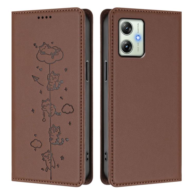 For Motorola Moto G64 India Cute Cats Embossed Magnetic RFID Vegan Leather Phone Case