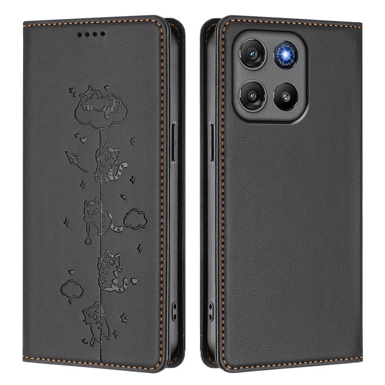For Motorola Moto G57 / G67 Power Cute Cats Embossed Magnetic RFID Vegan Leather Phone Case