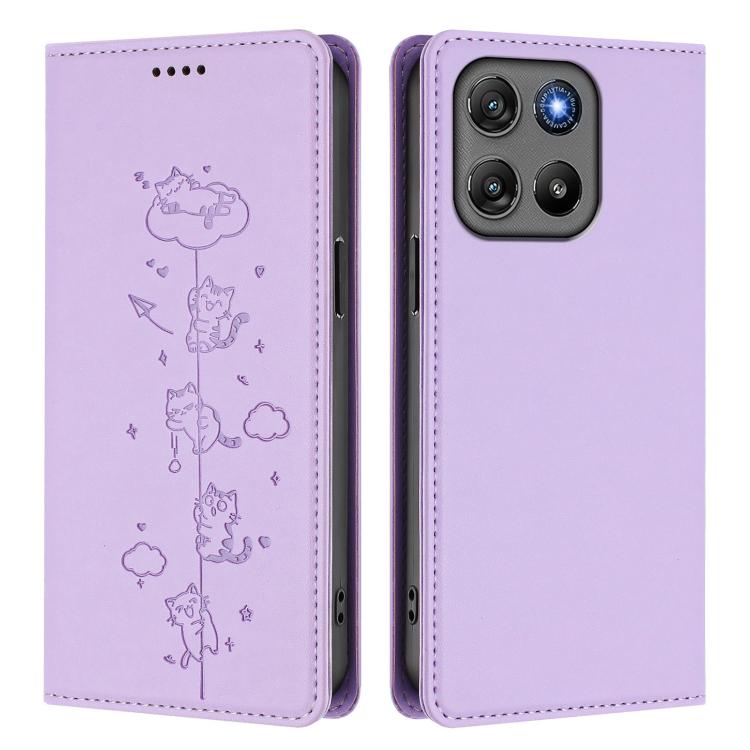 For Motorola Moto G57 / G67 Power Cute Cats Embossed Magnetic RFID Vegan Leather Phone Case