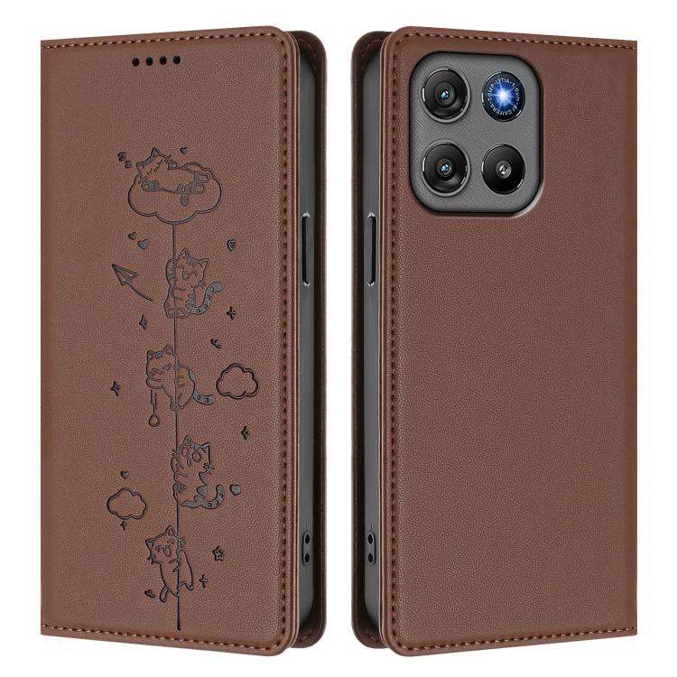 For Motorola Moto G57 / G67 Power Cute Cats Embossed Magnetic RFID Vegan Leather Phone Case
