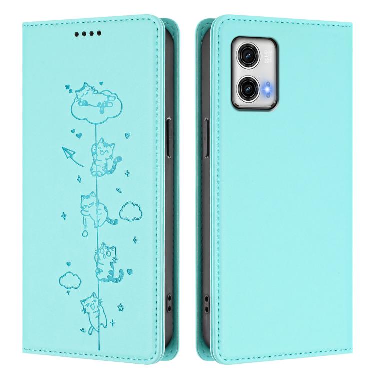 For Motorola Moto G73 5G Cute Cats Embossed Magnetic RFID Vegan Leather Phone Case