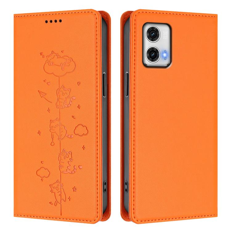 For Motorola Moto G73 5G Cute Cats Embossed Magnetic RFID Vegan Leather Phone Case