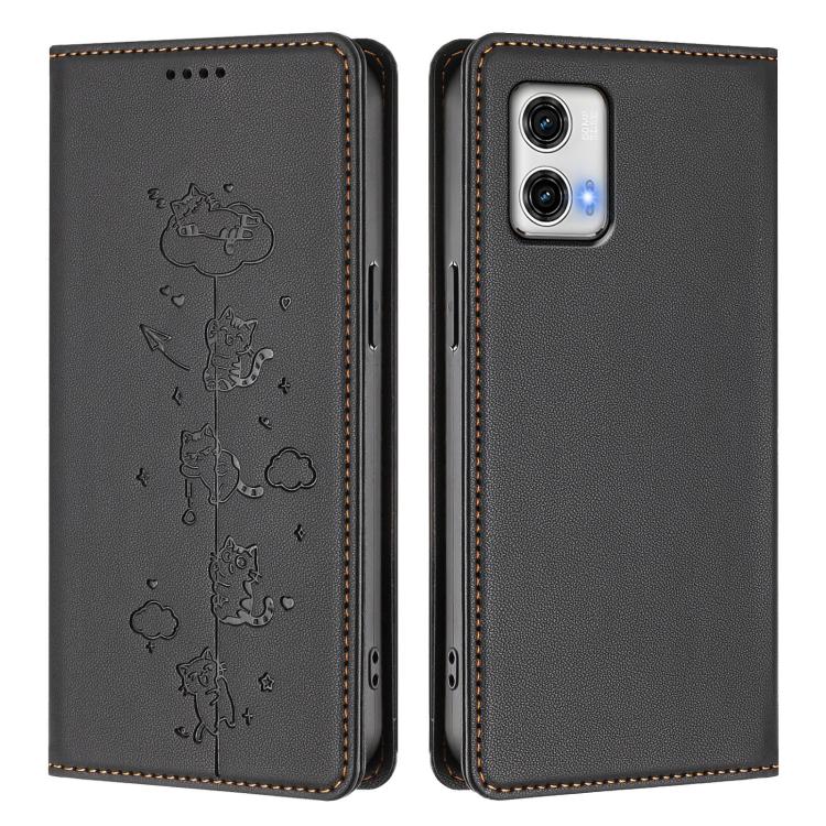 For Motorola Moto G73 5G Cute Cats Embossed Magnetic RFID Vegan Leather Phone Case