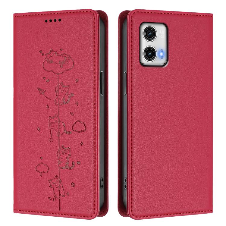 For Motorola Moto G73 5G Cute Cats Embossed Magnetic RFID Vegan Leather Phone Case