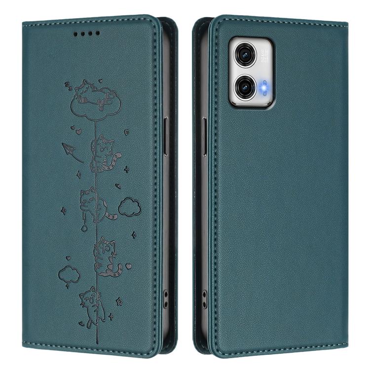 For Motorola Moto G73 5G Cute Cats Embossed Magnetic RFID Vegan Leather Phone Case