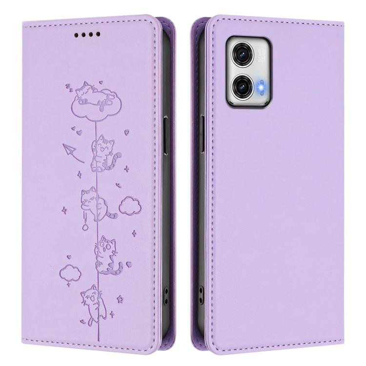 For Motorola Moto G73 5G Cute Cats Embossed Magnetic RFID Vegan Leather Phone Case