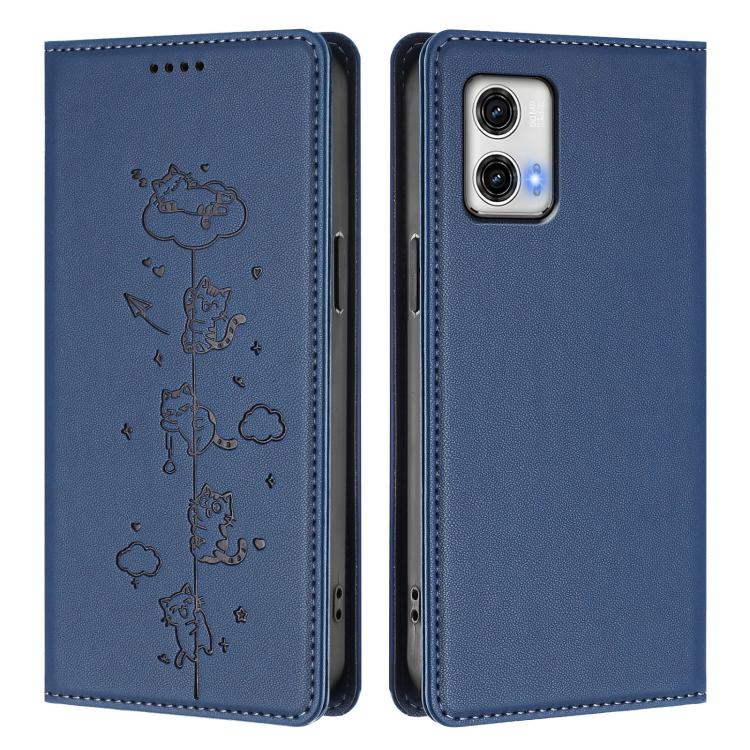 For Motorola Moto G73 5G Cute Cats Embossed Magnetic RFID Vegan Leather Phone Case
