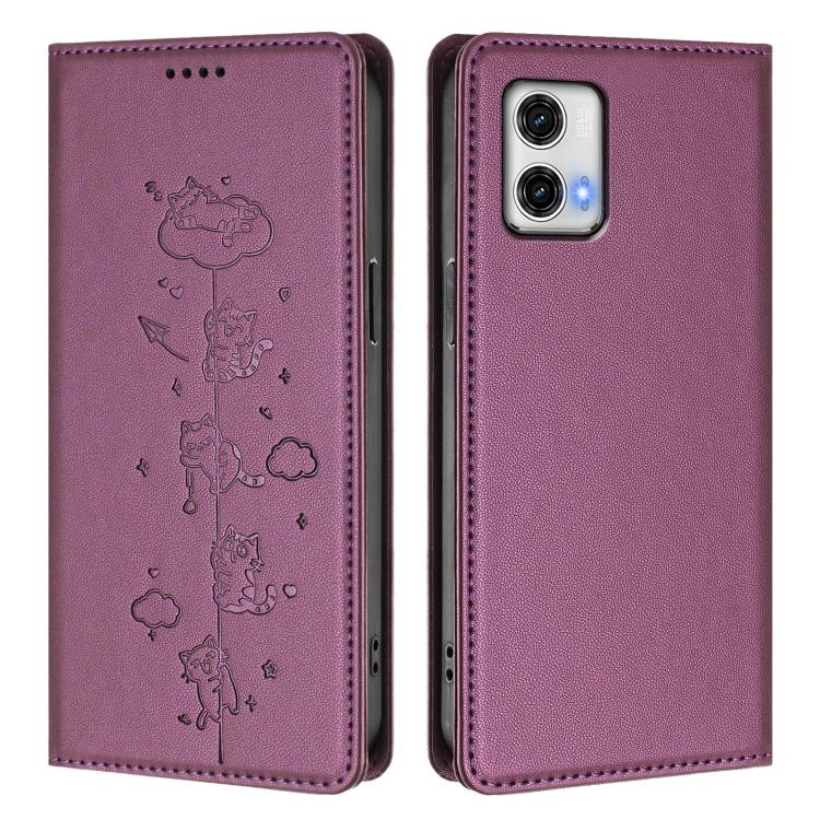 For Motorola Moto G73 5G Cute Cats Embossed Magnetic RFID Vegan Leather Phone Case