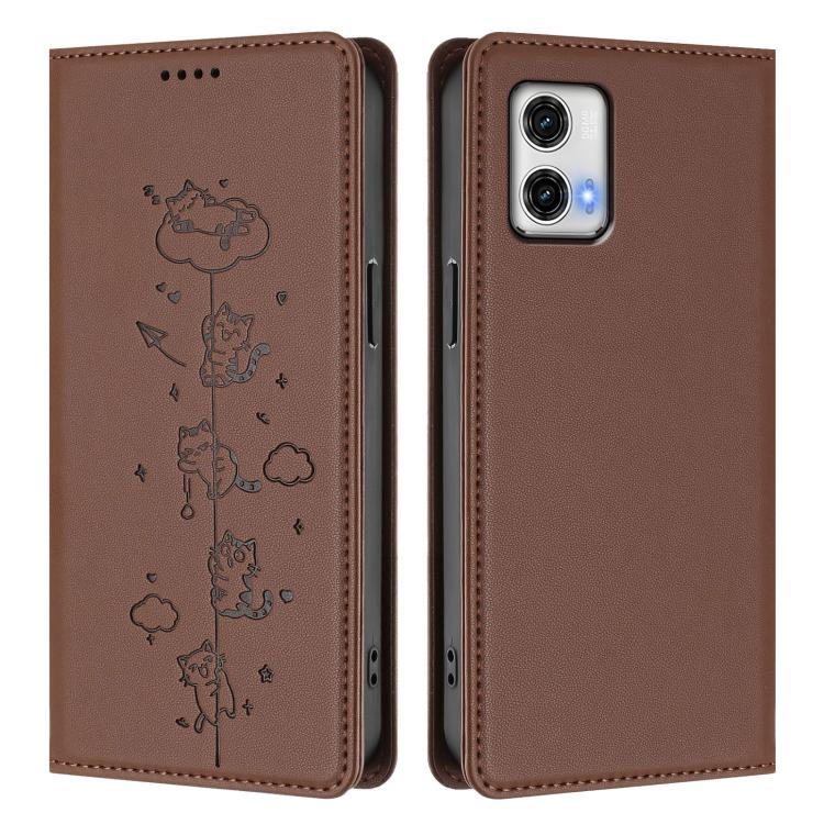 For Motorola Moto G73 5G Cute Cats Embossed Magnetic RFID Vegan Leather Phone Case