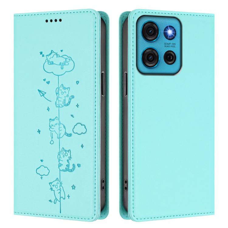 For Motorola Moto G75 5G Cute Cats Embossed Magnetic RFID Vegan Leather Phone Case
