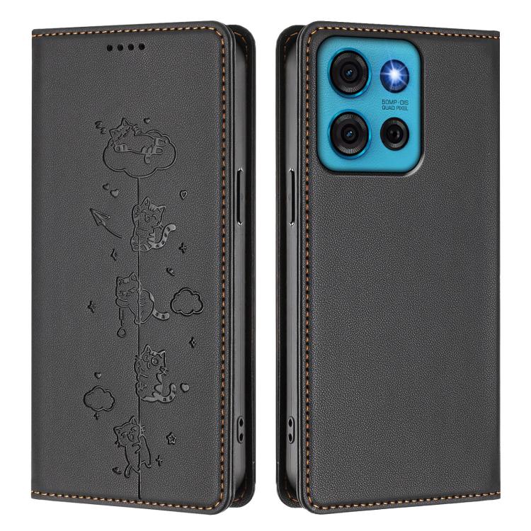 For Motorola Moto G75 5G Cute Cats Embossed Magnetic RFID Vegan Leather Phone Case