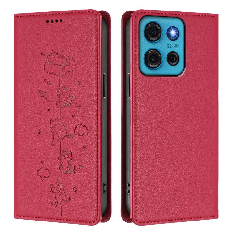 For Motorola Moto G75 5G Cute Cats Embossed Magnetic RFID Vegan Leather Phone Case