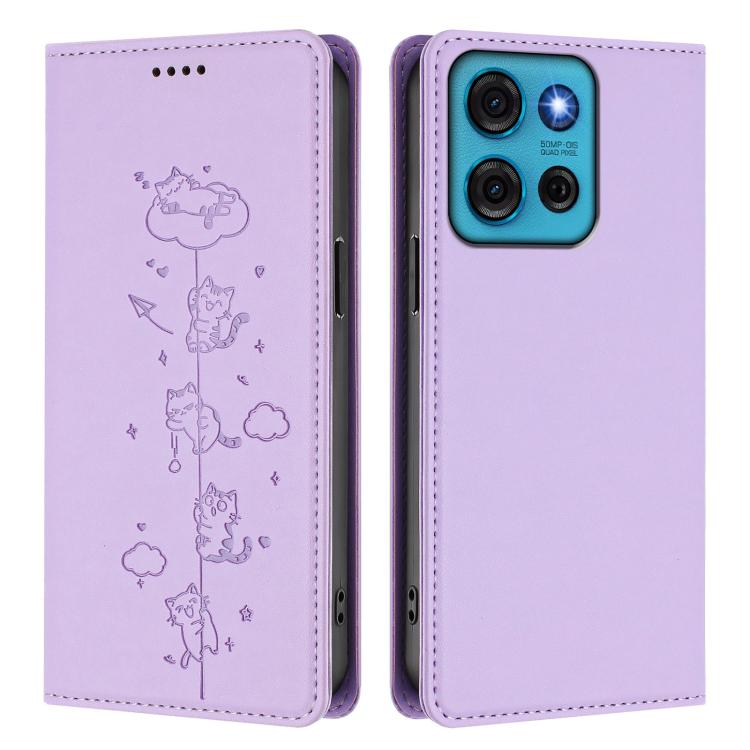 For Motorola Moto G75 5G Cute Cats Embossed Magnetic RFID Vegan Leather Phone Case