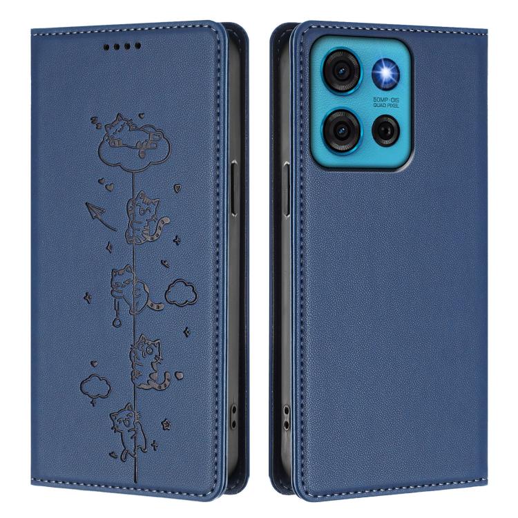 For Motorola Moto G75 5G Cute Cats Embossed Magnetic RFID Vegan Leather Phone Case