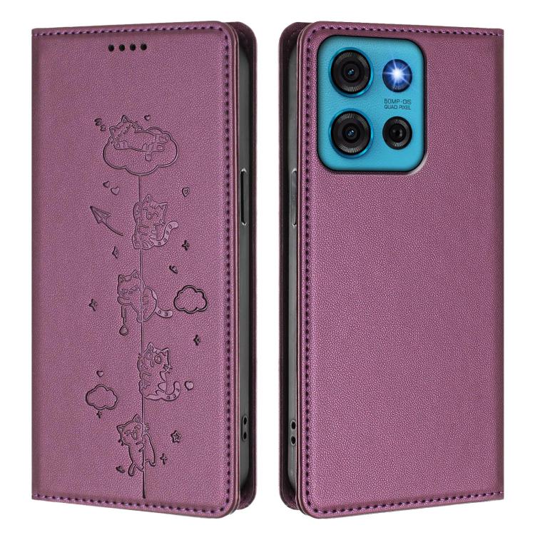 For Motorola Moto G75 5G Cute Cats Embossed Magnetic RFID Vegan Leather Phone Case