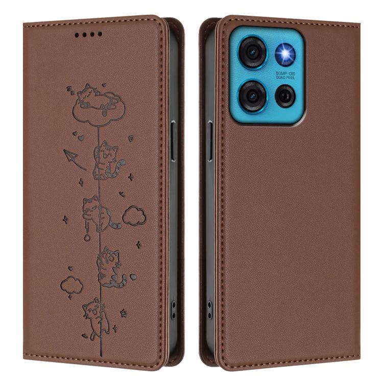 For Motorola Moto G75 5G Cute Cats Embossed Magnetic RFID Vegan Leather Phone Case