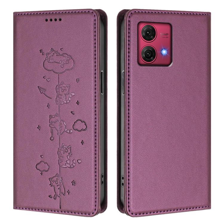 For Motorola Moto G84 5G Cute Cats Embossed Magnetic RFID Vegan Leather Phone Case