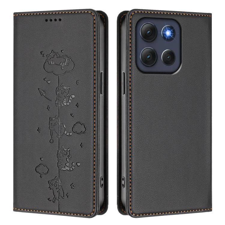 For Motorola Moto G86 Power Cute Cats Embossed Magnetic RFID Vegan Leather Phone Case