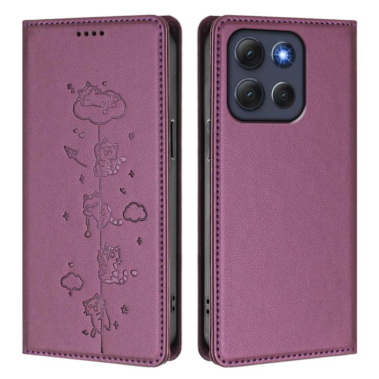 For Motorola Moto G86 Power Cute Cats Embossed Magnetic RFID Vegan Leather Phone Case