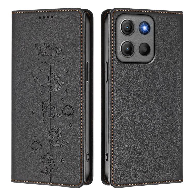 For Motorola Moto G17 4G / G17 Power 4G Cute Cats Embossed Magnetic RFID Vegan Leather Phone Case