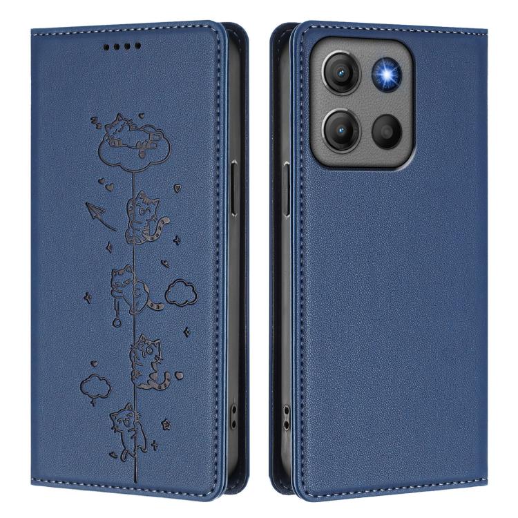 For Motorola Moto G17 4G / G17 Power 4G Cute Cats Embossed Magnetic RFID Vegan Leather Phone Case