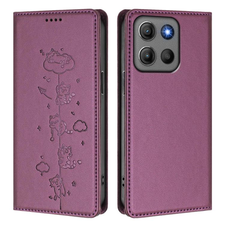For Motorola Moto G17 4G / G17 Power 4G Cute Cats Embossed Magnetic RFID Vegan Leather Phone Case