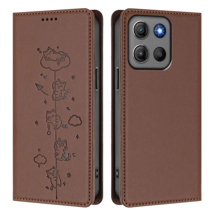 For Motorola Moto G17 4G / G17 Power 4G Cute Cats Embossed Magnetic RFID Vegan Leather Phone Case