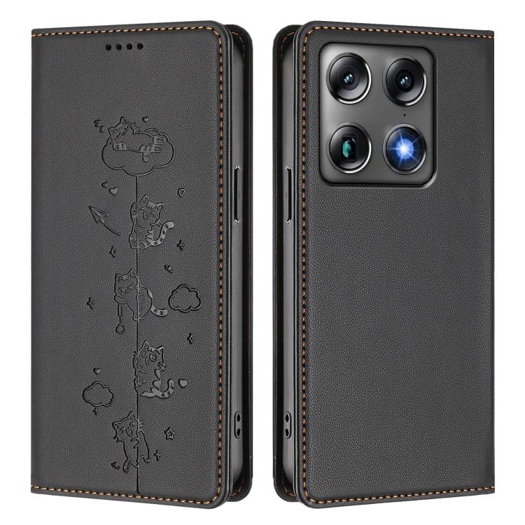 For Motorola Moto X70 Air Pro / Signature 5G Cute Cats Embossed Magnetic RFID Vegan Leather Phone Case