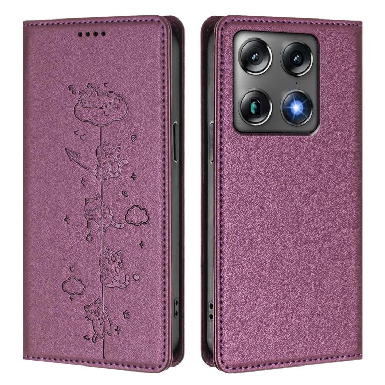 For Motorola Moto X70 Air Pro / Signature 5G Cute Cats Embossed Magnetic RFID Vegan Leather Phone Case