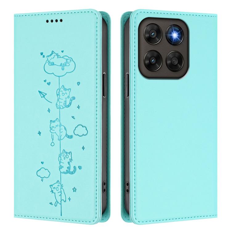 For Motorola Moto G87 5G / G67 5G / G77 5G Cute Cats Embossed Magnetic RFID Vegan Leather Phone Case
