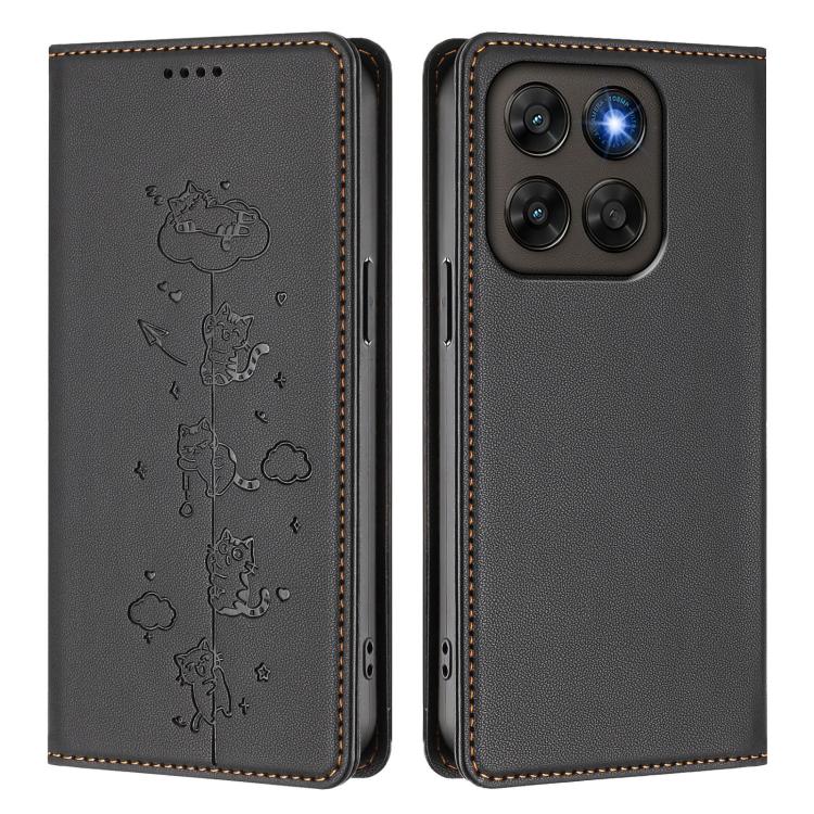 For Motorola Moto G87 5G / G67 5G / G77 5G Cute Cats Embossed Magnetic RFID Vegan Leather Phone Case