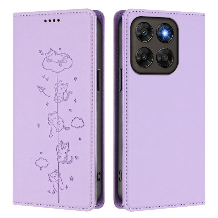 For Motorola Moto G87 5G / G67 5G / G77 5G Cute Cats Embossed Magnetic RFID Vegan Leather Phone Case