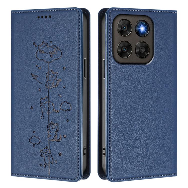 For Motorola Moto G87 5G / G67 5G / G77 5G Cute Cats Embossed Magnetic RFID Vegan Leather Phone Case