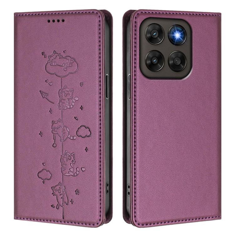 For Motorola Moto G87 5G / G67 5G / G77 5G Cute Cats Embossed Magnetic RFID Vegan Leather Phone Case