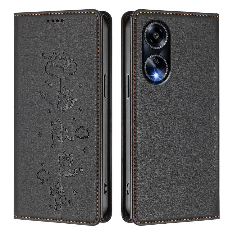 For OPPO F23 5G India / A98 5G Cute Cats Embossed Magnetic RFID Vegan Leather Phone Case