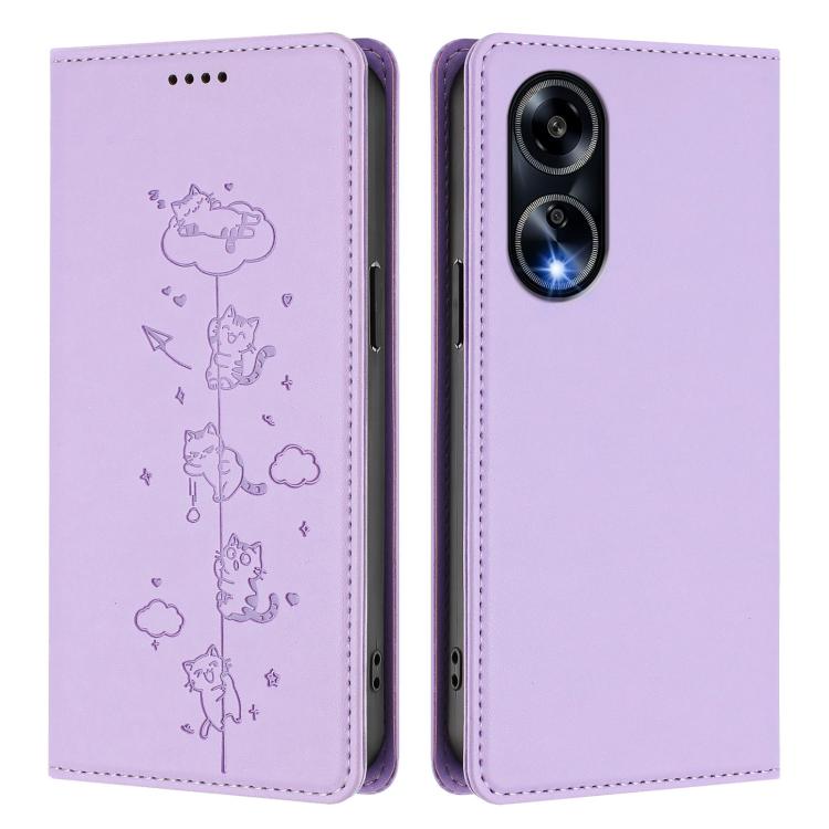 For OPPO F23 5G India / A98 5G Cute Cats Embossed Magnetic RFID Vegan Leather Phone Case