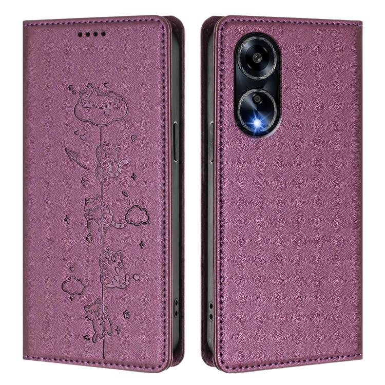 For OPPO F23 5G India / A98 5G Cute Cats Embossed Magnetic RFID Vegan Leather Phone Case