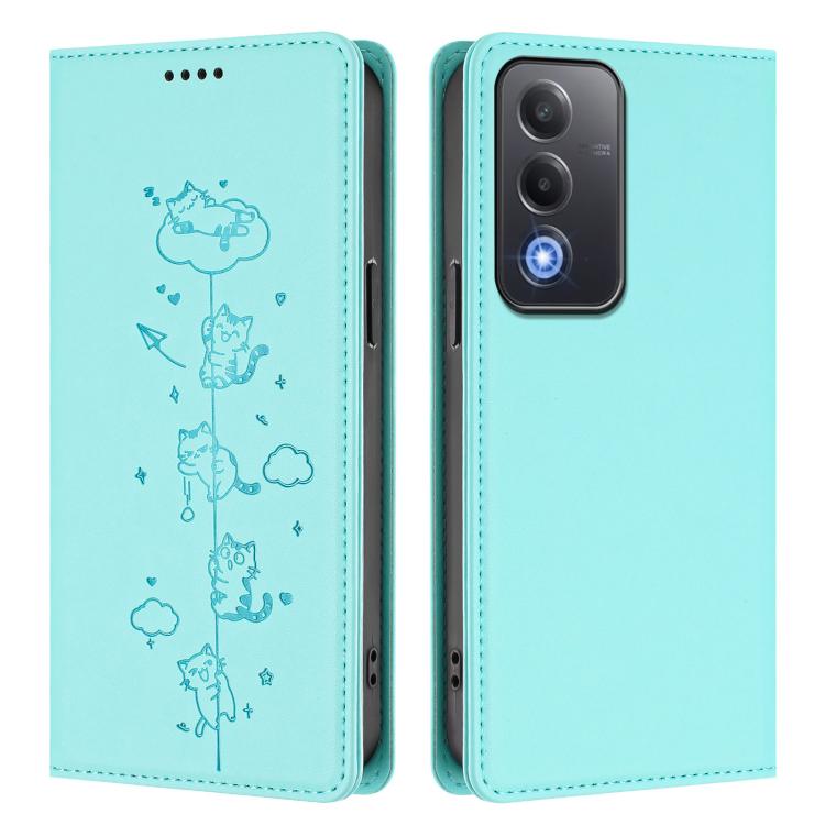 For OPPO A5 / A3 Pro / K12x 5G Global Cute Cats Embossed Magnetic RFID Vegan Leather Phone Case