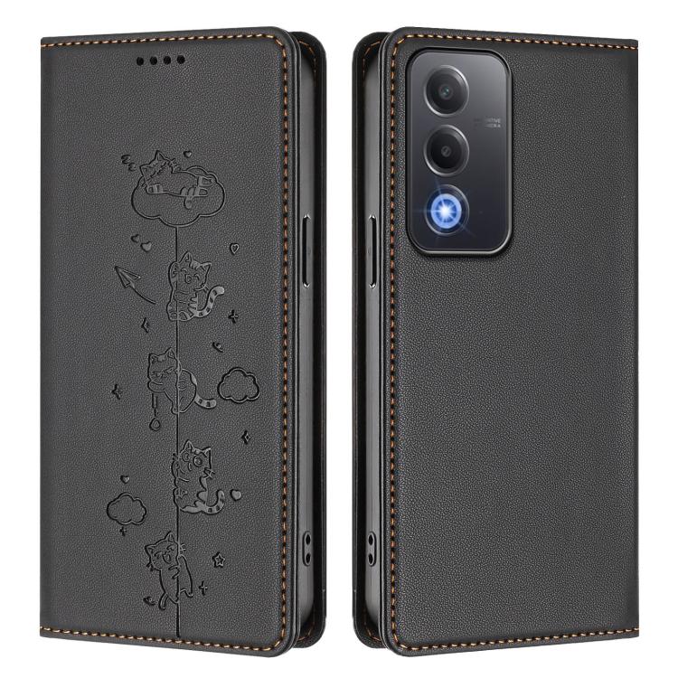 For OPPO A5 / A3 Pro / K12x 5G Global Cute Cats Embossed Magnetic RFID Vegan Leather Phone Case