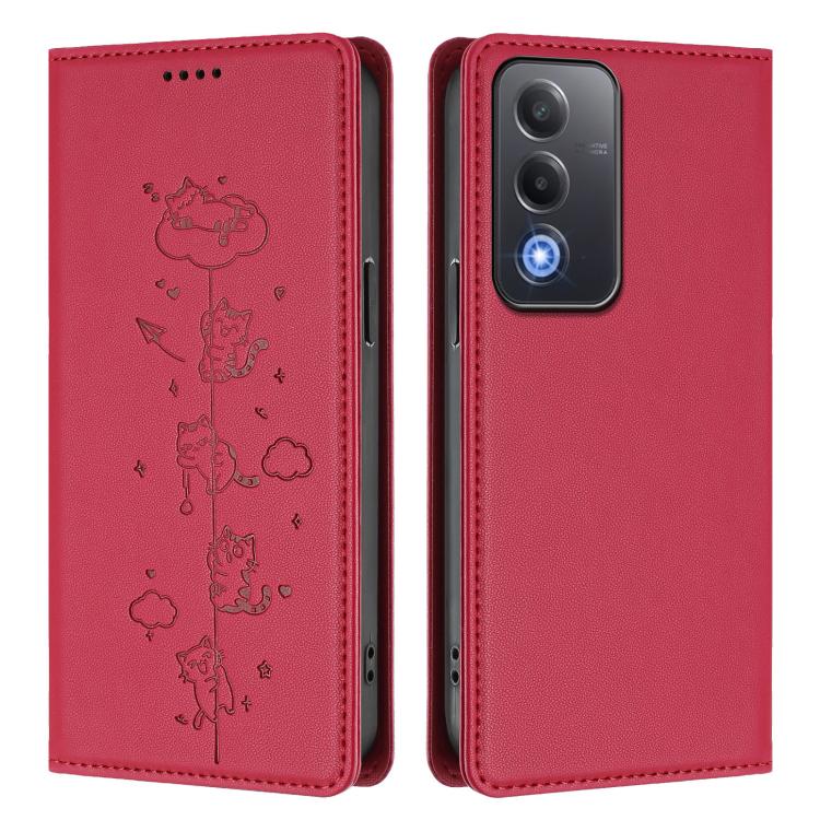 For OPPO A5 / A3 Pro / K12x 5G Global Cute Cats Embossed Magnetic RFID Vegan Leather Phone Case