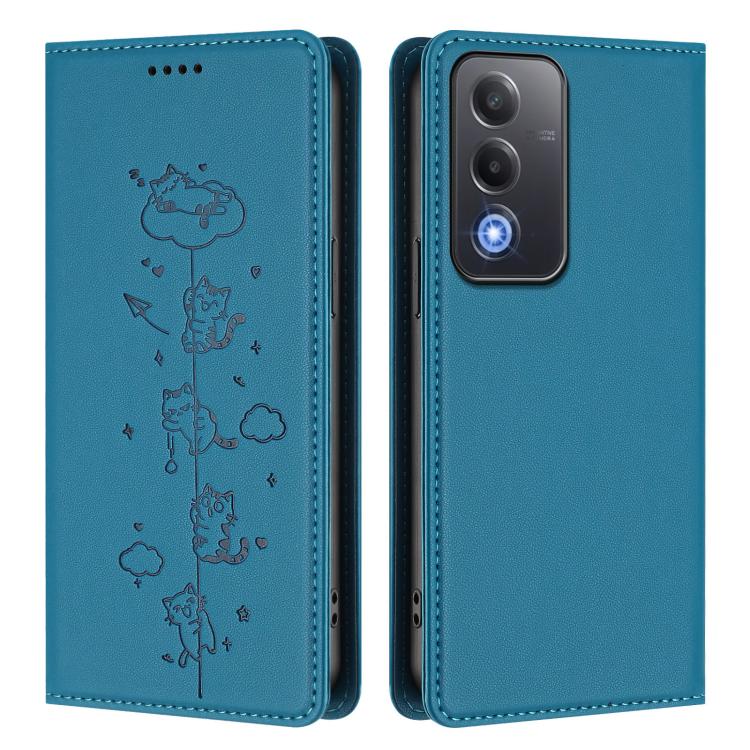 For OPPO A5 / A3 Pro / K12x 5G Global Cute Cats Embossed Magnetic RFID Vegan Leather Phone Case
