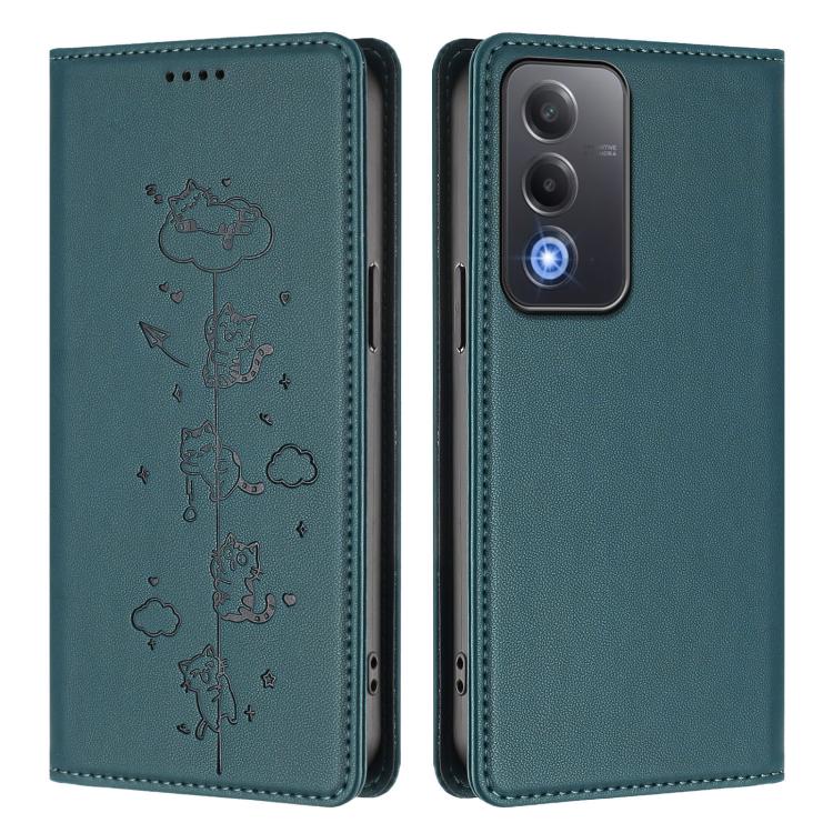 For OPPO A5 / A3 Pro / K12x 5G Global Cute Cats Embossed Magnetic RFID Vegan Leather Phone Case