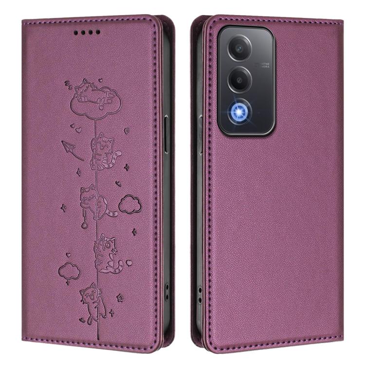 For OPPO A5 / A3 Pro / K12x 5G Global Cute Cats Embossed Magnetic RFID Vegan Leather Phone Case