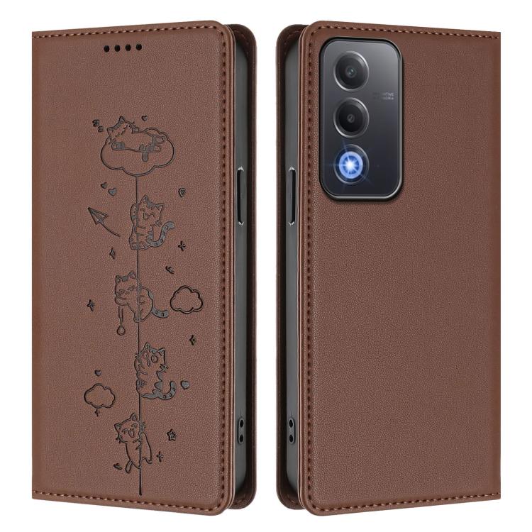 For OPPO A5 / A3 Pro / K12x 5G Global Cute Cats Embossed Magnetic RFID Vegan Leather Phone Case