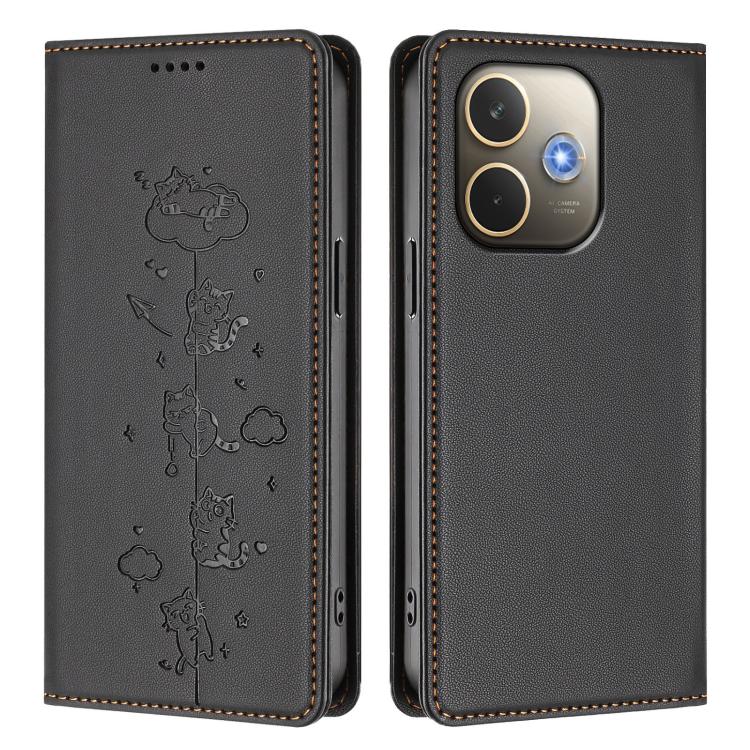 For OPPO A5 Pro 4G / 5G Global Cute Cats Embossed Magnetic RFID Vegan Leather Phone Case