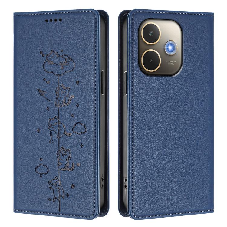 For OPPO A5 Pro 4G / 5G Global Cute Cats Embossed Magnetic RFID Vegan Leather Phone Case