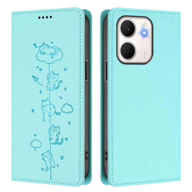 For OPPO A5x 4G / 5G Global Cute Cats Embossed Magnetic RFID Vegan Leather Phone Case