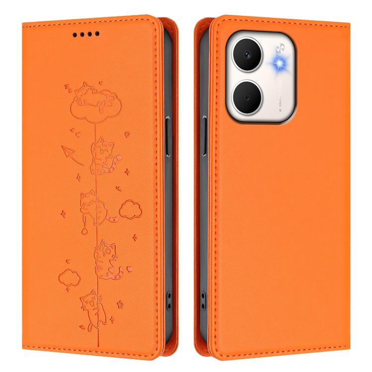 For OPPO A5x 4G / 5G Global Cute Cats Embossed Magnetic RFID Vegan Leather Phone Case