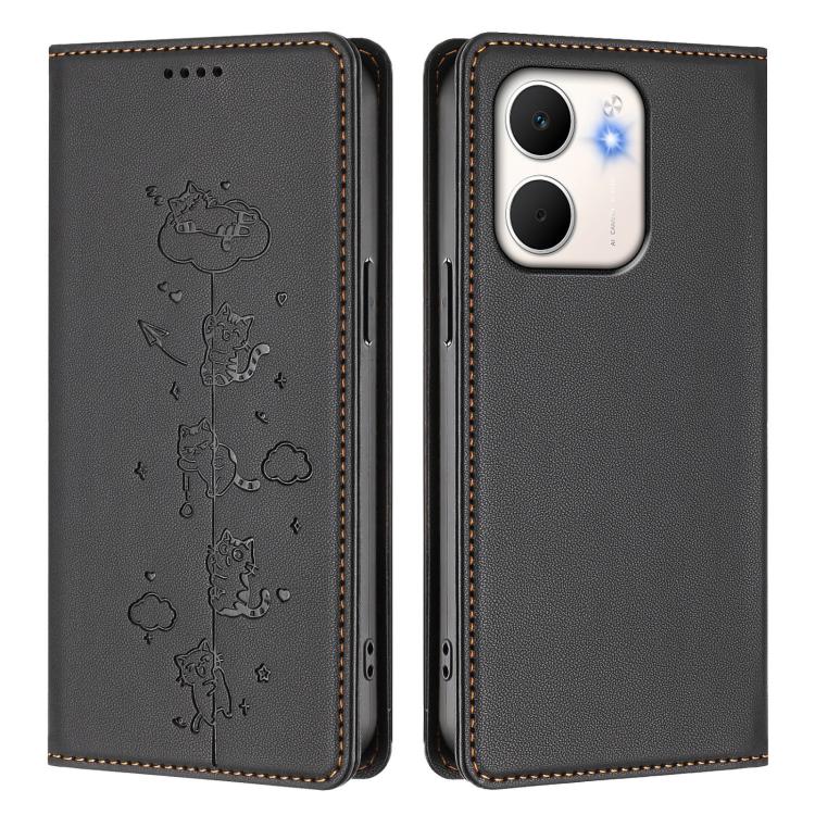 For OPPO A5x 4G / 5G Global Cute Cats Embossed Magnetic RFID Vegan Leather Phone Case