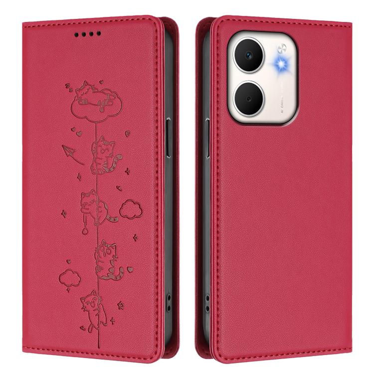 For OPPO A5x 4G / 5G Global Cute Cats Embossed Magnetic RFID Vegan Leather Phone Case